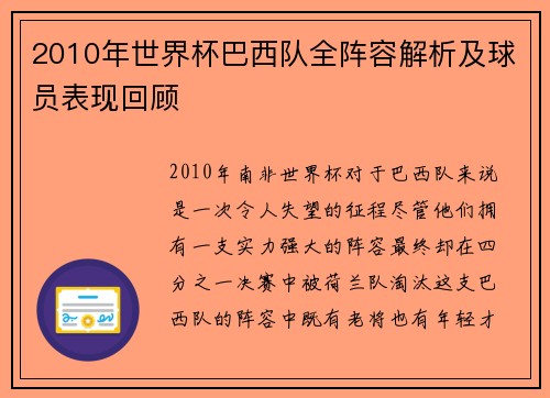2010年世界杯巴西队全阵容解析及球员表现回顾