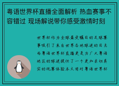 粤语世界杯直播全面解析 热血赛事不容错过 现场解说带你感受激情时刻